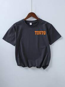 Teen Boy Loose Plus Size Leisure Fashion Racing Slogan Pattern Printed Round Neck Short Sleeve T-Shirt Joker Leisure Sports Youth Summer Coat,Suitable For School, Vacation And Shopping Outfits,Back To School