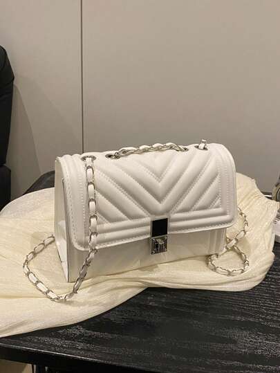 Fashion Solid Color Quilted Square Chain Shoulder Bag, Versatile Flap Banquet Evening Bag New Lightweight Handbag & Purse, Daily Commuting Messenger Bag For White Collar And Student, Casual Mobile Phone Coin Lipstick Crossbody Bags