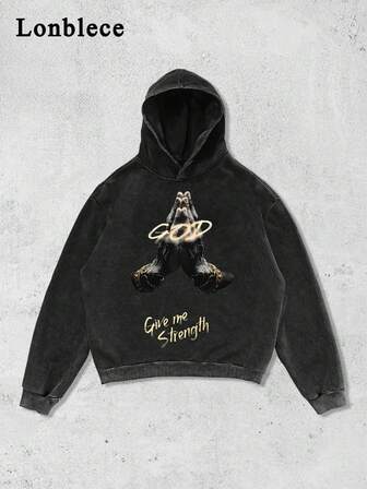 Lonblece Hanorac bărbătesc cu imprimeu de mână de rugăciune uzat, 1 bucată, hanorac spălat american vintage, ținută casual de zi cu zi, top cu mânecă lungă