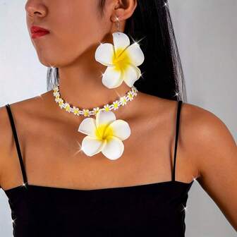 3ชิ้น ชุดสร้อยคอพร้อมจี้ดอกเดซี่สไตล์เก๋และต่างหู - เครื่องประดับโพลีเอสเตอร์สุดโรแมนติกพร้อมดีไซน์ดอกไม้ที่สมจริง เหมาะสำหรับงานปาร์ตี้และของขวัญ เหมาะสำหรับทุกฤดูกาล เครื่องประดับวินเทจ