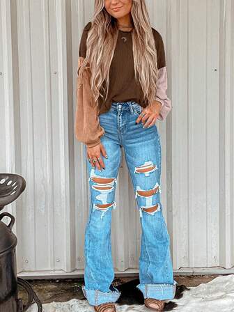 CILKOO 多色条纹拼色落肩长袖上衣