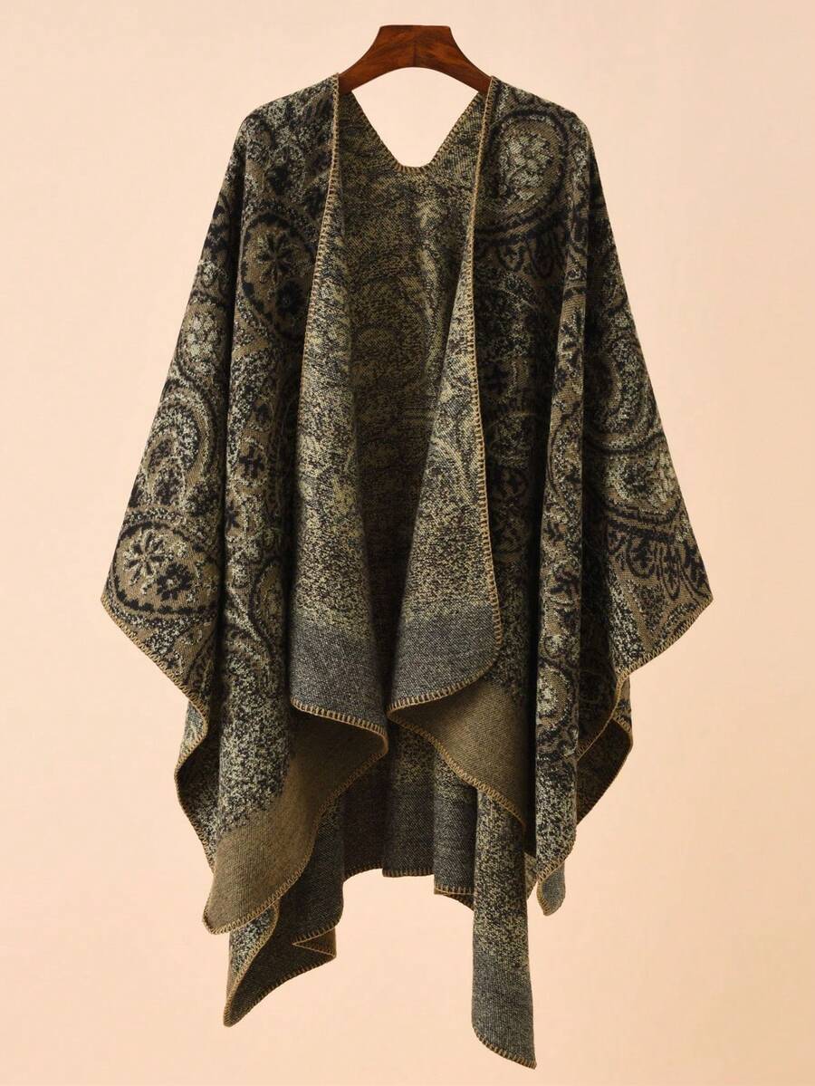1 Khăn choàng Poncho họa tiết hoa Jacquard cổ điển phong cách Bohemian dành cho nữ, khăn choàng du lịch ấm áp thường ngày cho mùa thu/đông để mặc - Khaki-B - Xem 1