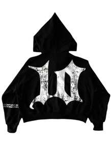 Full Zip Up Jackets For Men Letter Graphic Gothic Hoodie Print Sweatshirt Jacket - màu đen - Xem 2