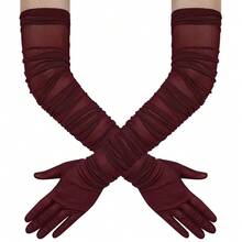 Hazhlko Women's Super Long Stretchy Ruched Mesh Tulle Sheer Gloves Costume Opera Party 1920's Dance Gloves{"Color_name":"Burgundy"} - 酒紅色 - 查看 2