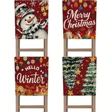 4PCS Merry Christmas Red Snowman Christmas Tree Chair Back Cover Set, Made Of Polyester, Detachable And Easy To Clean, Featuring 'Merry Christmas' Text, Snowman, And Christmas Tree Decorations. Chair Covers Are Suitable For Home Dining Rooms, Parties, And Festive Gatherings. - Red - View 8