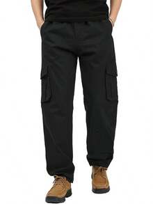 XINTM Men's Cotton Work Pants, Baggy Cargo Pants, Rip-Resistant, Multiple Pockets, Stretch, For Work, Hiking - 黑色 - 查看 1