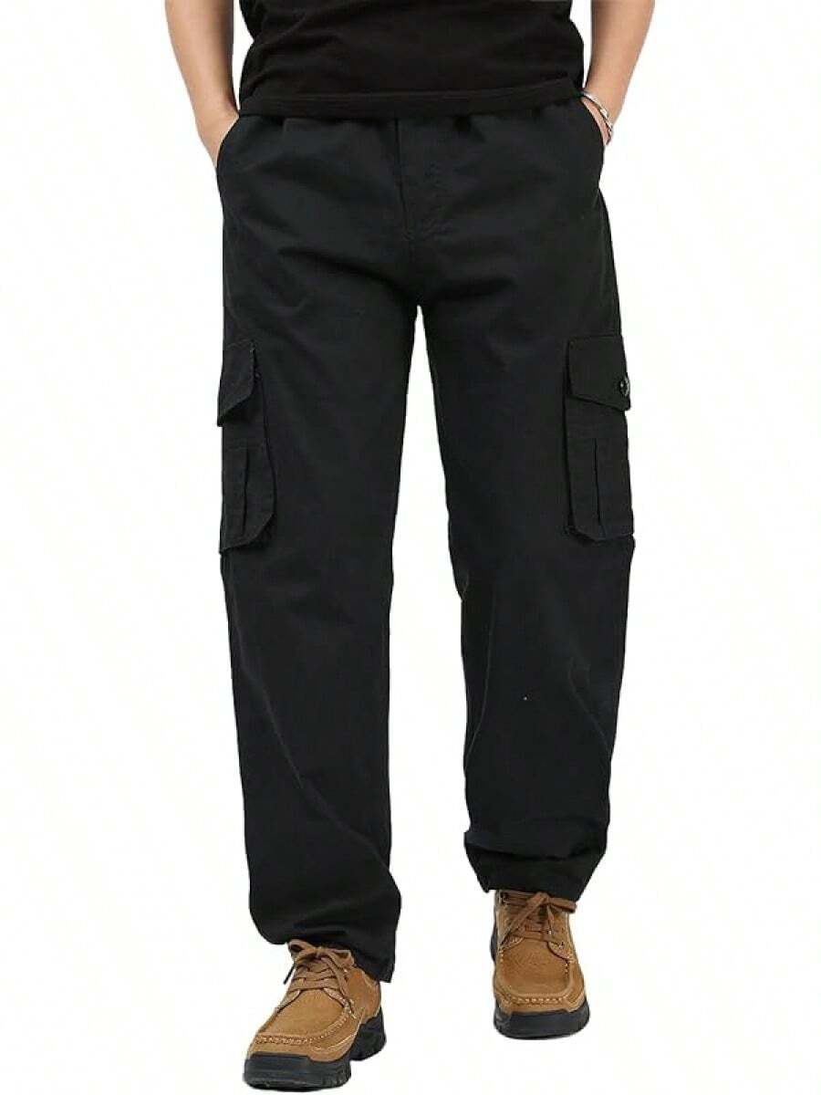 XINTM Men's Cotton Work Pants, Baggy Cargo Pants, Rip-Resistant, Multiple Pockets, Stretch, For Work, Hiking - 黑色 - 查看 1