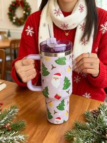 1 pezzo Elemento di Babbo Natale e albero di Natale, Tazza termica da 40oz-14oz con manico, in acciaio inossidabile isolato, adatto per viaggi, scuola, ufficio, all'aperto, palestra, casa, regalo di Natale, regalo per donne e adolescenti, regalo per le feste, regalo di compleanno (con cannuccia) - Multicolore - Visualizzare 9