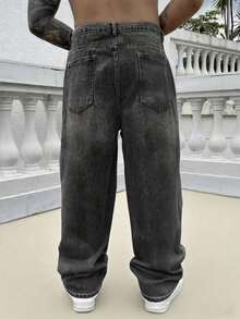 Loose Fit Men's Cotton Jeans With Slant Pockets Baggy Long Washed Skater Jean Cargo Plain Light Blue Going Out Y2K Friends - Grey - View 2