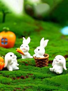Mini 7-Piece White Rabbit Table Decoration-Perfect Easter And Party Decoration, Without Power Supply Cartoon Animals Cute Rabbit Gardening Fleshy Accessories Carrot Cute Rabbit Micro-Landscape Resin Ornaments.