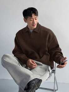 男士纯色 Polo 领麂皮宽松休闲长袖卫衣 - 时尚百搭的秋冬款式 - 棕色 - 查看 5