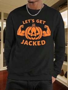 Men'S Halloween Gym Sweatshirt - Long Sleeve Muscle Pumpkin Graphic Workout Shirt With "Let'S Get " Print - Non-Stretch Fitness Top Bodybuilding, Halloween Parties - Casual Athletic Pullover Men, Sweatshirt Men, Men Sweatshirt, Men ClothePolyester & Elastane Crew Neck Top With Medium Stretch For All Seasons2025 - Đen 10 - Xem 1