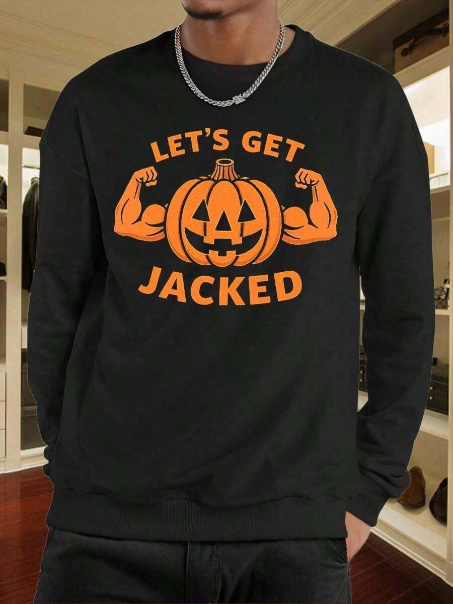 Men'S Halloween Gym Sweatshirt - Long Sleeve Muscle Pumpkin Graphic Workout Shirt With "Let'S Get " Print - Non-Stretch Fitness Top Bodybuilding, Halloween Parties - Casual Athletic Pullover Men, Sweatshirt Men, Men Sweatshirt, Men ClothePolyester & Elastane Crew Neck Top With Medium Stretch For All Seasons2025 - Đen 10 - Xem 1