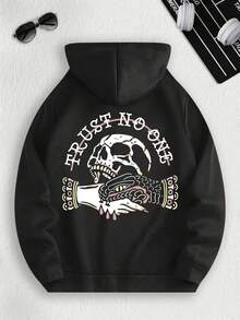 Men's Gothic Style Skull And Snake Print Hoodie - Vintage Street Style Pullover With 'TRUST NO ONE' Lettering And Snake Pattern, Soft Loose Oversized Hoodie, Black And White Gothic Letters, All-Season Casual Wear, Ideal Gift For Both Men And Women, Comfortable Hip-Hop Style Top With Gothic Skull And Snake Pattern, Loose Fit For Casual Outfits, Machine Washable, Fashion Statement Piece - 黑色 - 查看 1