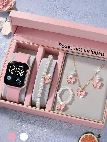 6/5pcs Cute, Adorable, Elegant & Fashionable Rainbow Pattern LED Digital Display Watch Set With Pearl Butterfly Necklace, Bracelet, Ring, Earrings Jewelry Gift Set, Suitable For Girls, Perfect For Parties, Celebrations, Travels, Back To School, Christmas, Halloween, Gifts For Friends, Family, Mom, Collectibles