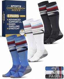 Pembrook 3 pares de calcetines de compresión de 20 a 30 mmHg - Calcetines de compresión para mujeres y hombres| correr, atletismo, viajes, enfermeras - Patrón de líneas (negro/blanco/azul) - 3 pares - Ver 13