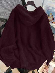 Solid Color Casual Minimalist Drawstring Hooded Sweater - Burgundy - View 3
