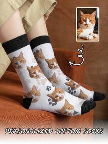 Face Socks 1 Pair Customized Face Printed Mid-Calf Socks For Women, Personalized Photo Socks, Funny Customized Image Paired With Mid-Length Socks, Suitable For Valentine's Day, Birthday, Gifts And Other Occasions, Personalized Customization - Multicolor - View 3