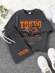 Toddler Car Print Short Sleeve T-Shirt And Shorts Set - Dark Grey - View 1