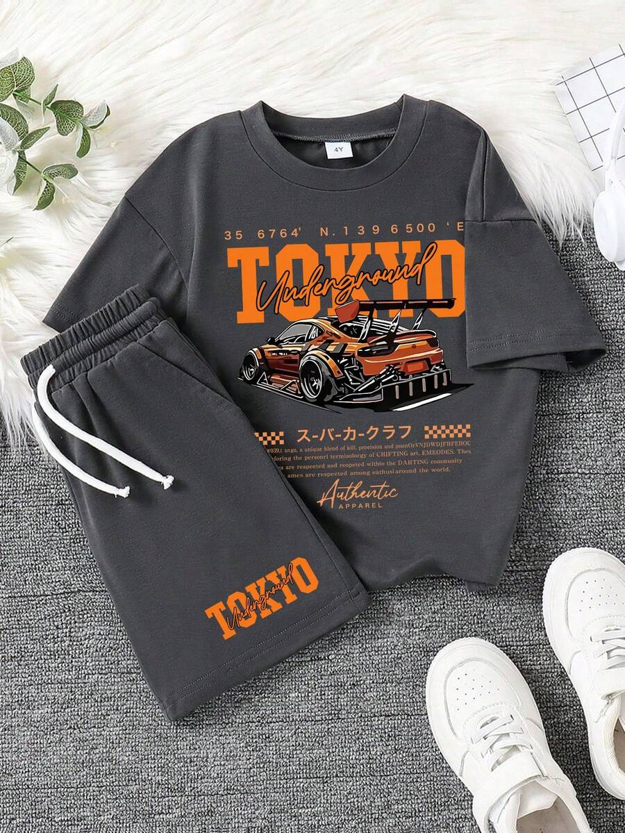 Toddler Car Print Short Sleeve T-Shirt And Shorts Set - Dark Grey - View 1