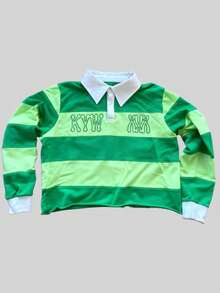 Vintage College Style Contrasting Men's Striped Polo Shirt Lapel Single-Breasted Chest Three-Dimensional Letter Embroidered Loose Top - XHytlpueF-綠 - 查看 2