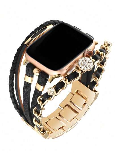 1 Stück Boho Armband Schwarzes Leder mit Goldkette kompatibel mit Apple Watch Bändern Frauen 38/40/41/42mm(S10 11), modische mehrschichtige handgefertigte Leder Wickelarmband kompatibel mit Apple Watch Series 10 9 8 SE 7 6 5 4 3 2 1