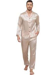 BigKing Men's Silk Satin Pajama Set, Men's Pajama Set, Soft, Long Sleeve, Button-Down - Sampanye - View 12