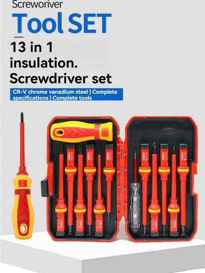 13pcs/7pcs Insulated Screwdriver Set, High Voltage Electrician Screwdrivers, Metal Material, Manual Non-Electric, Interchangeable Flat Head, With Carrying Case