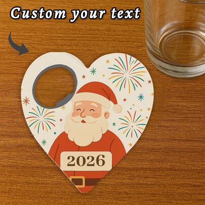 1PC Plastic Bottle Opener Customizable Heart - Shaped Christmas - Themed Item: Upload Photos & Text. With Santa Hat, Pine Cones & Warm Lights. Personalized Name For Festive Decor, Gifts. Ideal For Christmas Season Use