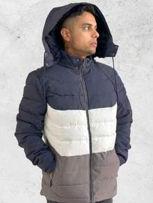 Bobojaco Windbreaker Jacket Striped Two-Tone Lined Waterproof With Removable Cap Winter Spring / Autumn Regular Fit Drawstring Pocket Zipper - Navy Blue - View 4