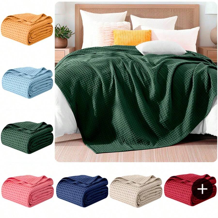 Elegant Comfort 1pc Soft Waffle Weave Throw Blanket , Lightweight Summer Blanket For Hot Sleepers, Full, Queen, King, Twin, And Twin XL Size Bed Breathable Cozy Warm Woven Textured Blankets For Couch, Bed, Sofa, Home Décor, Christmas Decorations Gifts, Cozy Winter Styles, Holiday Décor - 獵人綠 - 查看 1