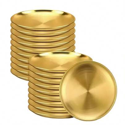 7/12/2 st små tallrikar i rostfritt stål, guldfärgade, 6,69 tum runda serveringsfat, mångsidiga metallmatskålar för sallad, snacks, desserter, grill - robusta, slitstarka, lämpliga för sammankomster och camping utomhus, viktig campingutrustning | elegant porslin | hållbart och lätt att rengöra