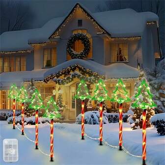 一套四合一圣诞树装饰灯，圣诞氛围灯，8种灯光模式，地插式灯串，圣诞礼物，糖果色插杆，暖光，适用于庭院、户外、节日灯饰（不含电池：3节AA电池）