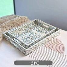 1 pieza/2 piezas Bandeja rectangular con incrustaciones de conchas con forma de hoja azul, plato decorativo de conchas de colores hecho a mano para frutas, joyería, almacenamiento de escritorio en el hogar, decoración de fiestas de Navidad y Halloween, regalo - Celeste - Ver 12