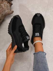 Women's Lightweight Running Sneakers - Lace-Up Closure, Multi-Functional Flat Sole, Breathable Fabric & Faux Leather Material - Pure Black - View 4