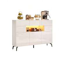 Modernes Sideboard 140 cm mit LED-Beleuchtung »Aura<< – Hochglanz-Weiße Kommode mit 3 Schubladen, 5 Schrankfächern & Metallbeinen – Elegantes Wohnzimmermöbel aus MDF