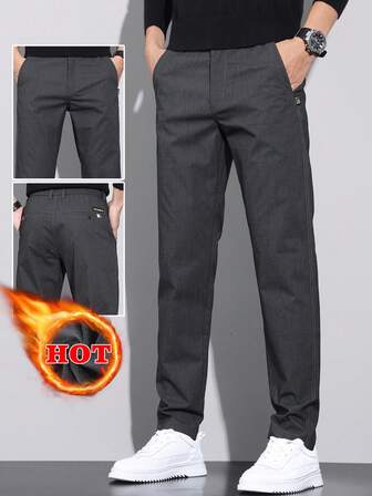 Herrbyxor med enfärgade, fleecefodrade, tjocka byxor