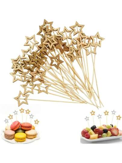100/50 piezas/Paquete Palitos de bambú con estrella de cinco puntas para decoración navideña, Grandes estrellas de cinco puntas huecas doradas y plateadas para decorar pasteles, frutas, revolver bebidas y decorar alimentos y repostería en fiestas, reuniones y festividades