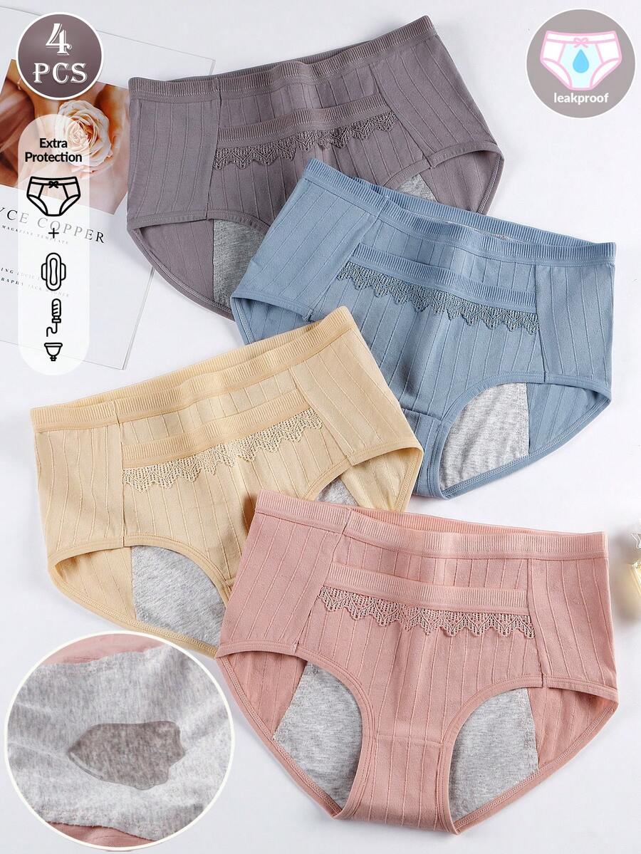4条装腰包棉质低腰生理裤，女士中腰保暖防漏生理裤，青少年口袋女士三角裤 - 彩色 - 查看 1