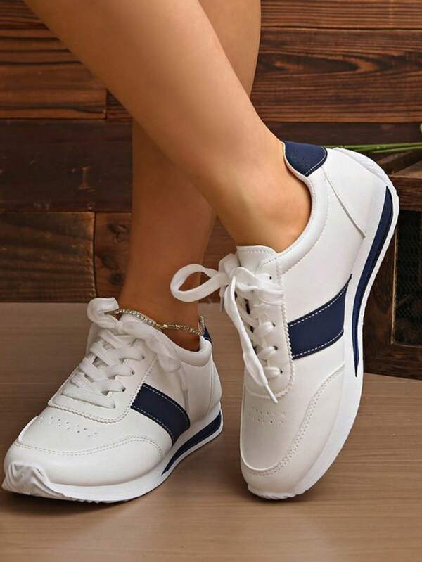 Sapatos Esportivos Casuais Femininos para Uso Externo, Cor Sólida, Calçado para Transporte, Couro Superfiber, Cadarço, Adequado para Casa, Todas as Estações