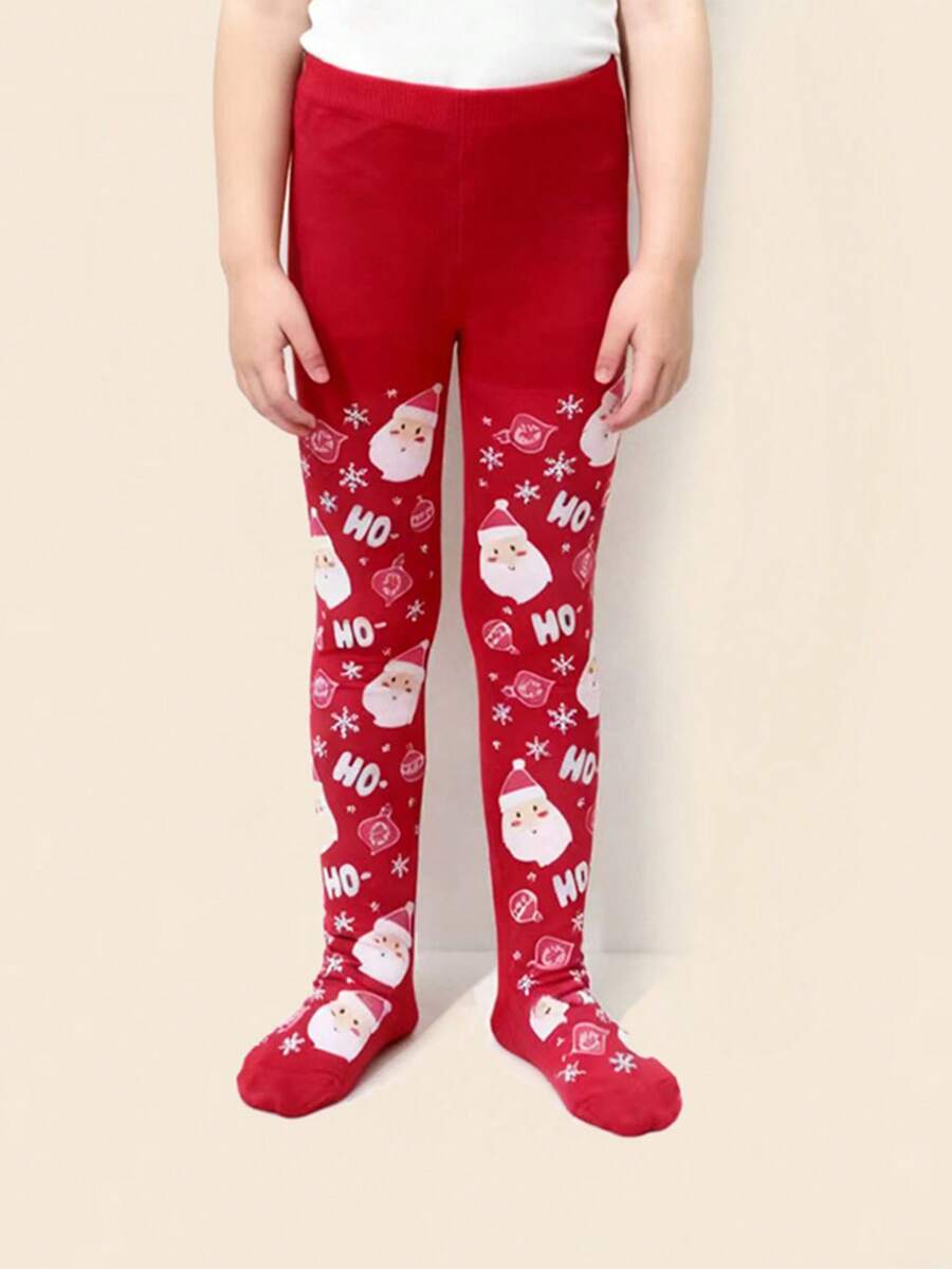 1件装儿童圣诞连裤袜，女童圣诞袜图案，饰有圣诞老人和礼物图案，柔软针织踩脚裤，适合圣诞派对，适合5-12岁儿童