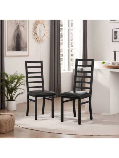 Set Of Metal Dining Chairs, Steel Legs PU Leather Seats, Armless High Back Kitchen, Living Room, Grijs