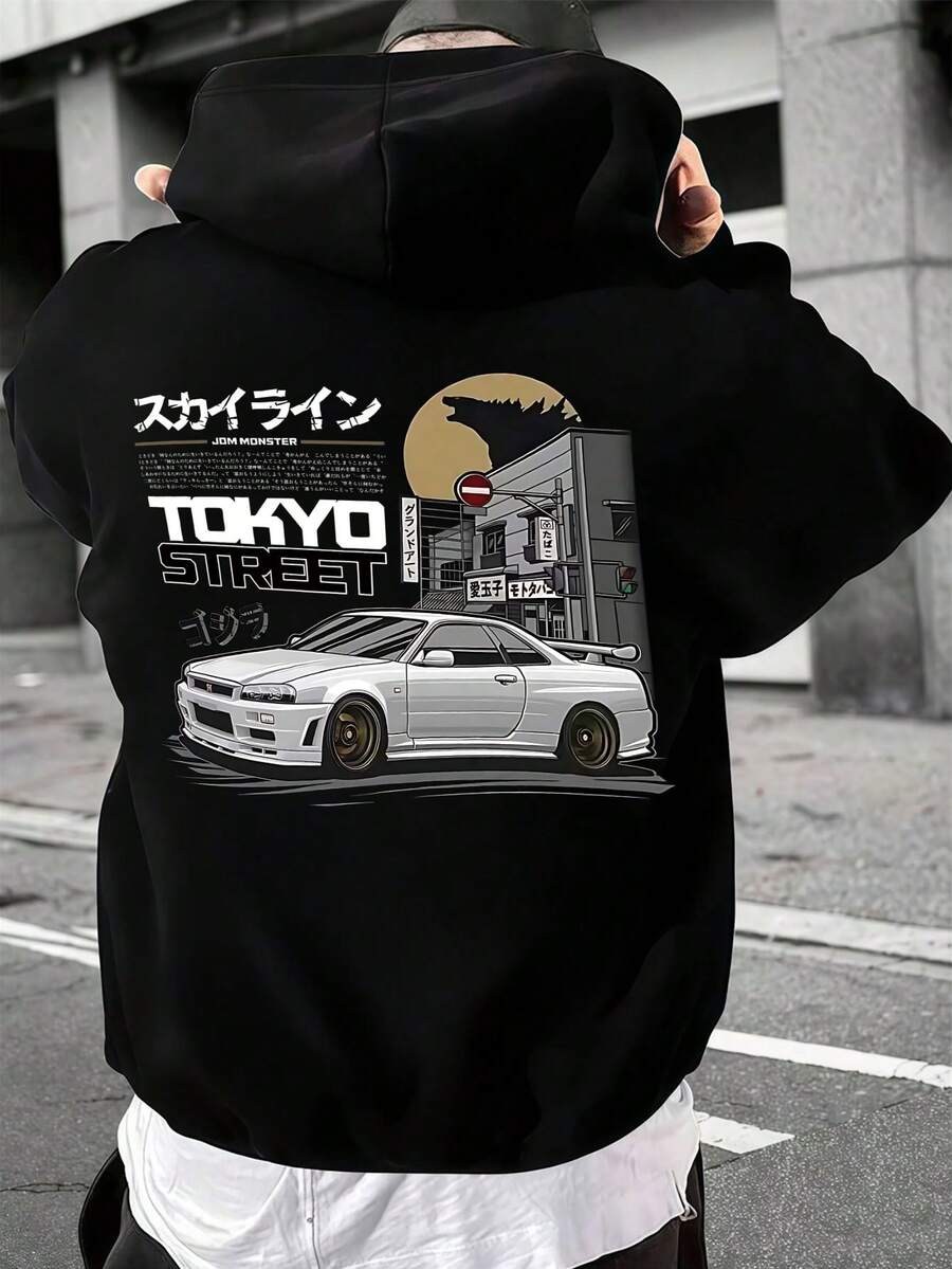 1 Stück Herren Buchstaben & Auto Grafik Drop-Shoulder Langarm Kapuzenpullover mit Kordelzug und Tasche