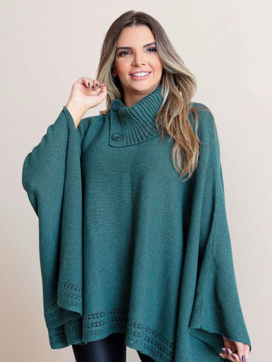 GIP Women's Poncho Knit Mousse Plain High Neck With Button Winter Wool Coat - 苔綠色 - 查看 1