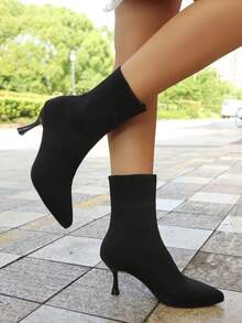 New Thin Knitted Short Boots, Fashionable Pointed Elastic Socks Boots, New Black Knitted Socks Boots, Light And Thin High-Heeled Thin Elastic Boots, French Pointed Thin-Heeled Elastic Boots, Black Knitted Short Boots For Women With Long Legs, Fashionable Knitted Elastic Socks Boots, Thin And Pointed Boots, Women's Multi-Functional Commuter Shoes, Light And High Knitted Short Boots, Pointed Thin And Elastic Socks Boots. - Black - View 4