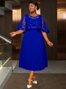 Plus Size Women Blue Butterfly Mesh Sleeve High Waist Ruffle Formal Dress - Royal Blue - View 6