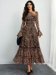Women's Elegant Sexy Modern And Gorgeous Long Sleeve Romantic Pleated Two-Layer Abstract Leopard Print Dress Vacation - Multicolor - View 3