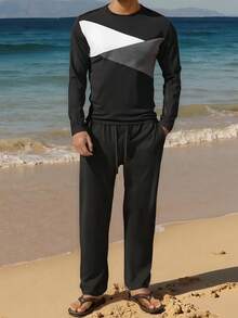 2pcs/Set Men Contrast Color Block Knit T-Shirt Set, Minimalist Sporty Style Long Sleeve Top + Casual Pants, Suitable For Daily Wear & Leisure Outings, Fall Clothes