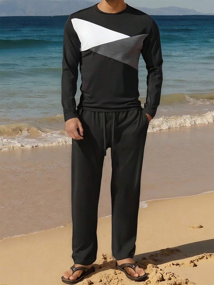 2pcs/Set Men Contrast Color Block Knit T-Shirt Set, Minimalist Sporty Style Long Sleeve Top + Casual Pants, Suitable For Daily Wear & Leisure Outings, Fall Clothes