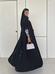 长款插肩袖阿巴雅，撞色印花细节，优雅端庄的伊斯兰女装，春季黑色款 - 黑色 - 查看 5